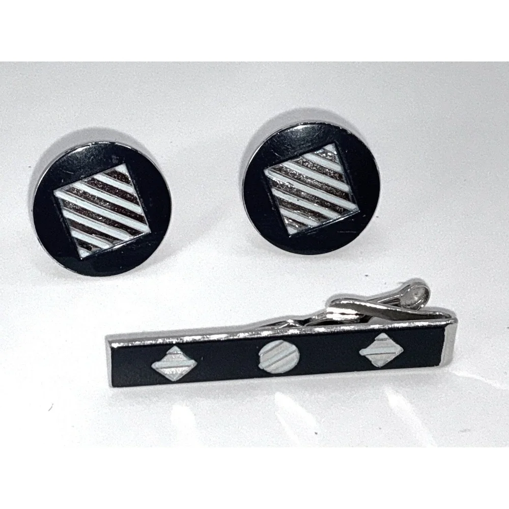 Vintage Swank Navy Blue Silver Cufflinks & Tie Bar Set Mid Century